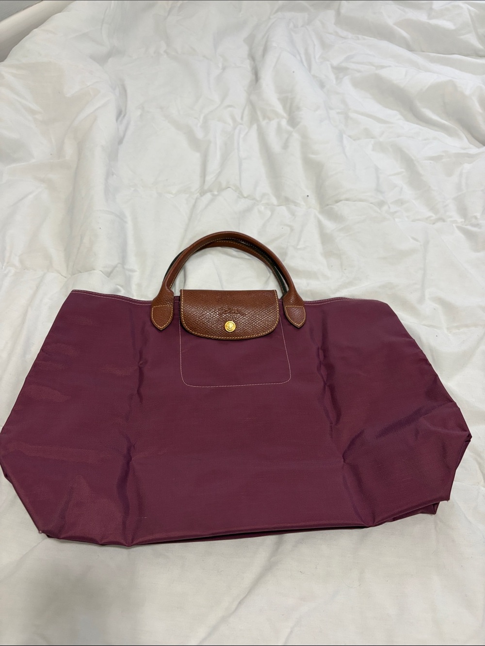 Longchamp Foldable Tote in Plum with Brown Trim